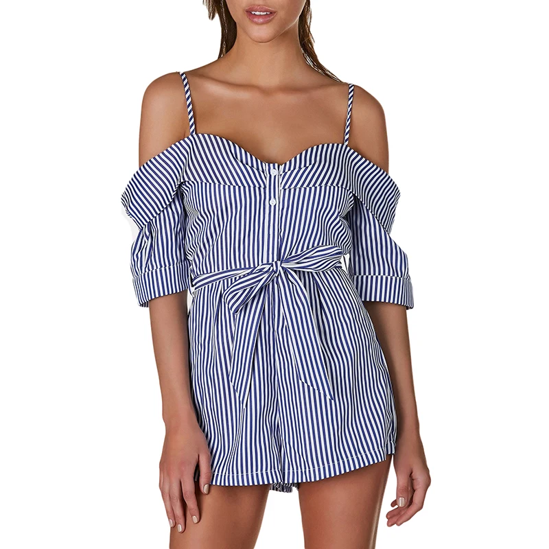 Лимон моды Playsuit Для женщин Повседневное off Shoulder Striped Button опрятный спинки