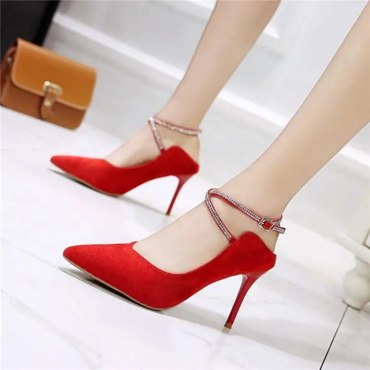 Популярные Брендовые женские туфли на высоком каблуке красные замшевые
