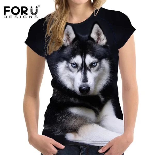 FORUDESIGNS/3D эластичная Базовая женская футболка с принтом собаки хаски, женские топы с коротким рукавом, стильные футболки с круглым вырезом для бодибилдинга - Цвет: W1662BV