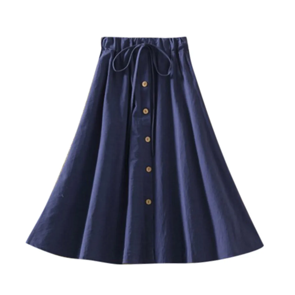 Dark Blue Летние Осенние женские юбки миди длиной до колена, Корейская элегантная свободная однотонная льняная юбка с кружевной талией и пуговицами для отдыха W425 - Цвет: Dark Blue