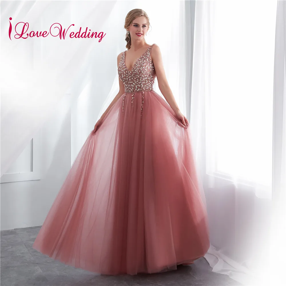 ILoveWedding/длинное вечернее платье с треугольным вырезом и бусинами|Вечерние платья|