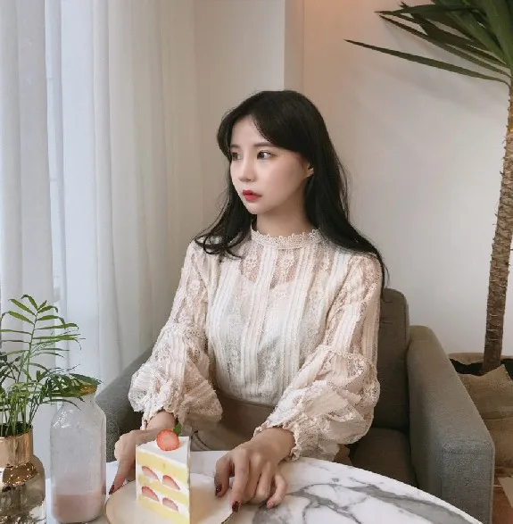 Cute Lace Blouse Vintage Style Princess Puff Sleeve Shirt Women Top Transparent Chemise Femme Chemisier Blusa Renda Mujer Camisa | Женская