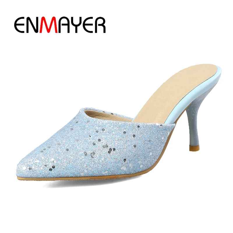 

ENMAYER New fashion women Bling PU thin heel sandals lady sweet solid casual Slip-on Big size 34-45 ZYL209