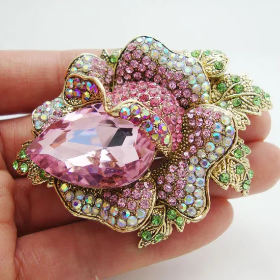 Fashion Jewelry Pretty Pink Rhinestone Crystal Rose Flower Pendant Brooch Pin |