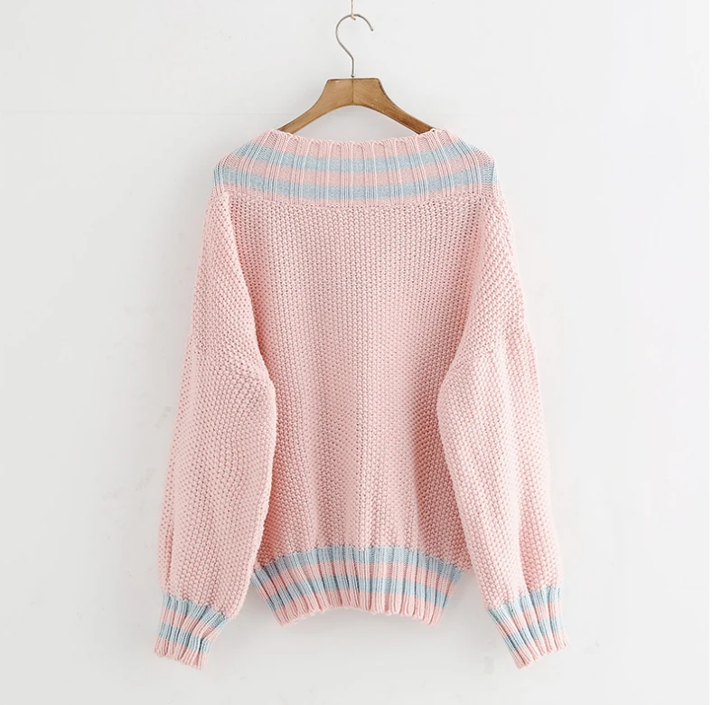 2017 Autumn Winter Women Loose V-Neck Lantern Sleeve Sweater Ladies Casual Pullovers Striped &amp Hem | Женская одежда