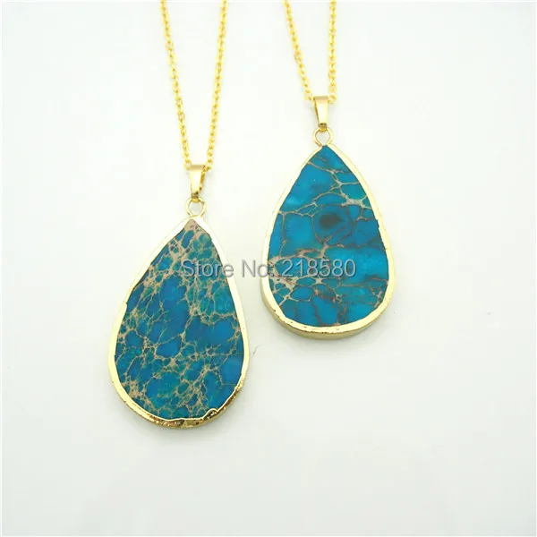

QN251 Gold Electroplated Green Teardrop Imperial Sediment Stone Stone Pendant Necklace Gold Electroplated