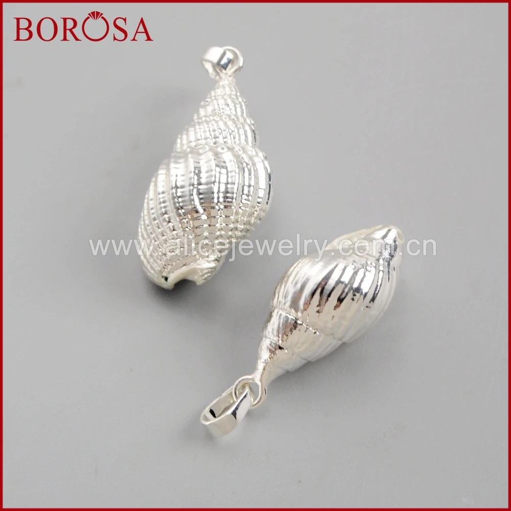 

BOROSA 10PCS Wholesale Full Silver Color Conch Shell Pendant Beads Gems Natural Shell Pendants for Necklace Druzy Jewelry S1577