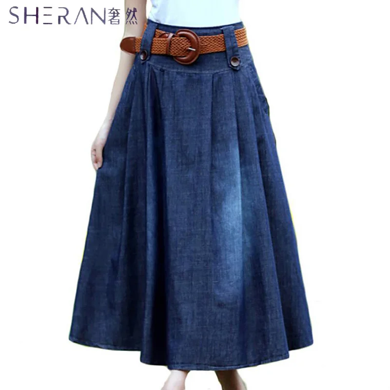 

Good Quality 2018 Cotton Plus Size Denim Skirt Women Casual Long Skirts Tutu Jeans Friction Saia Longa With Belt Free Shipping