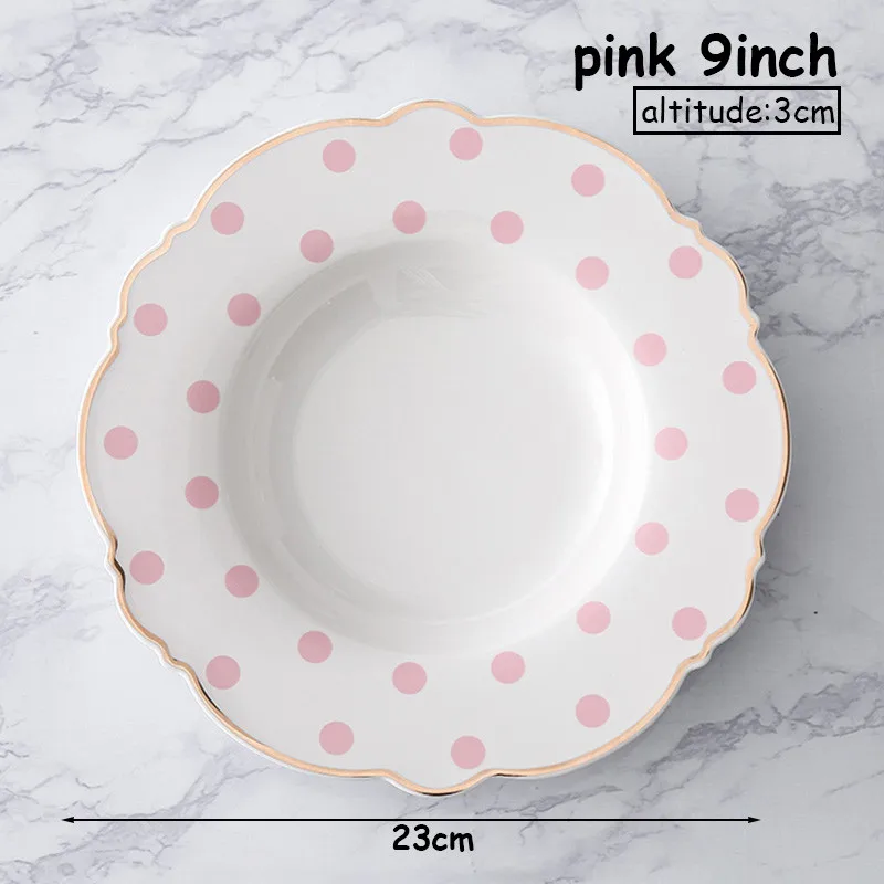 Pink deep 9inch 10 дюймов лоток для еды с золотым краем набор посуды в горошек набор тарелок для супа блюда для бифштекса плоская тарелка в форме цветка посуда для завтрака - Цвет: Pink deep 9inch