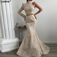 newest vintage ivory lace evening dresses mermaid long muslin high neck long sleeves formal evening gowns with sashes custom