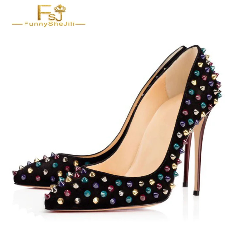 

FSJ Fashion Black Suede Colorful Rivets Stiletto Heel Women Pumps Novelty Slip on Pointy Toe Ladies Office Shoes Dress 2021