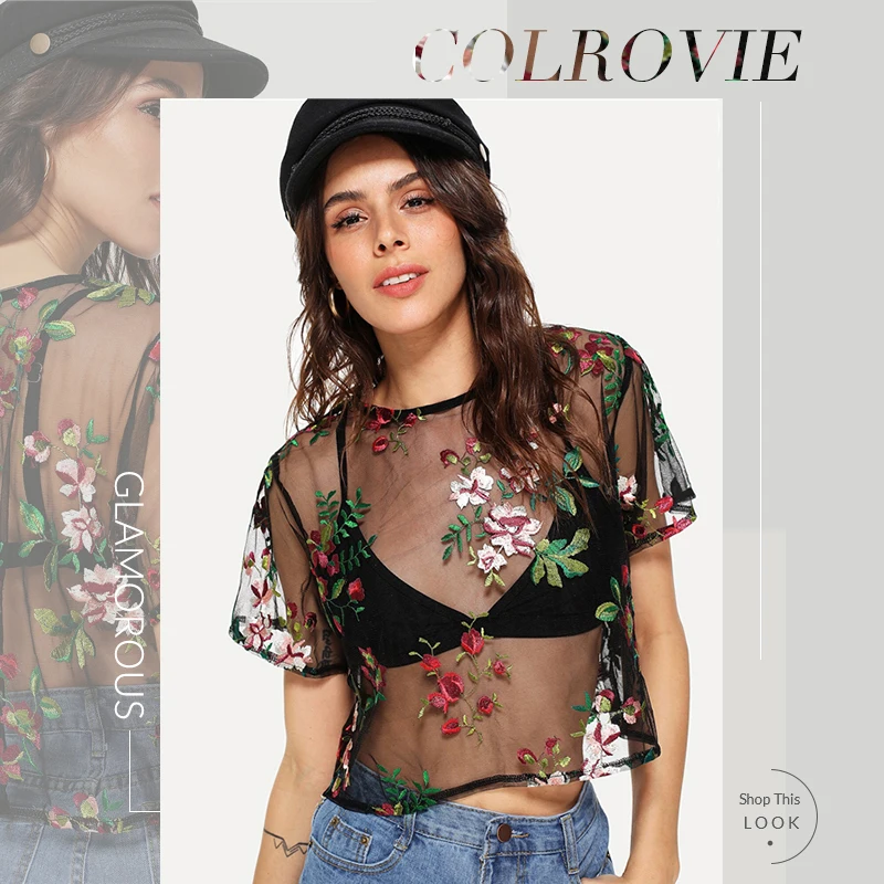 COLROVIE черный Цветочный вышитый прозрачный сетчатый женский короткий топ в стиле бохо без бюстгальтера летняя Праздничная Прозрачная женская блузка рубашка