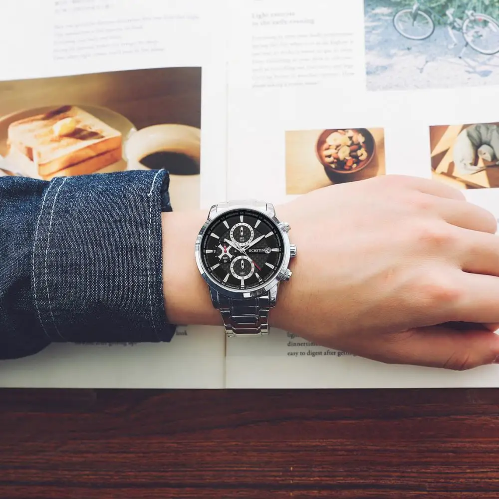 Часы мужские Кварцевые водонепроницаемые из нержавеющей стали с хронографом |