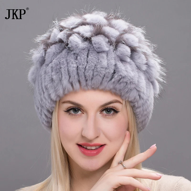 Новый Для женщин кролик меховая шапка с лисьим мехом Швейные цветок голову ремни