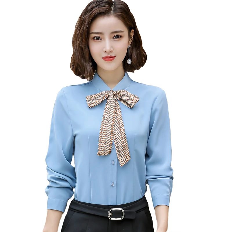 Новинка весны 2019 шифоновая женская блузка с бантом модная офисная длинным