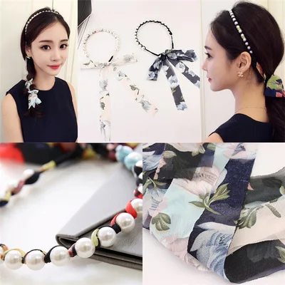 Женская одежда 1 шт. повязка на голову с Бантом Жемчужная шифоновая лента для