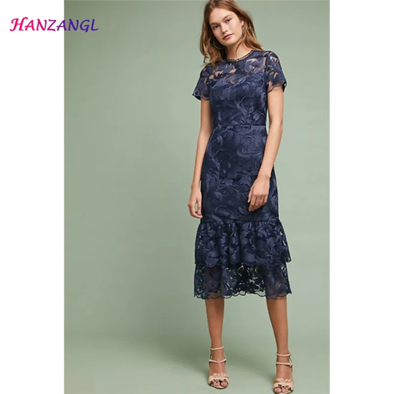 

HANZANGL High quality women dress slim mesh embroidery short-sleeved dress blue ruffle casual party midi dress