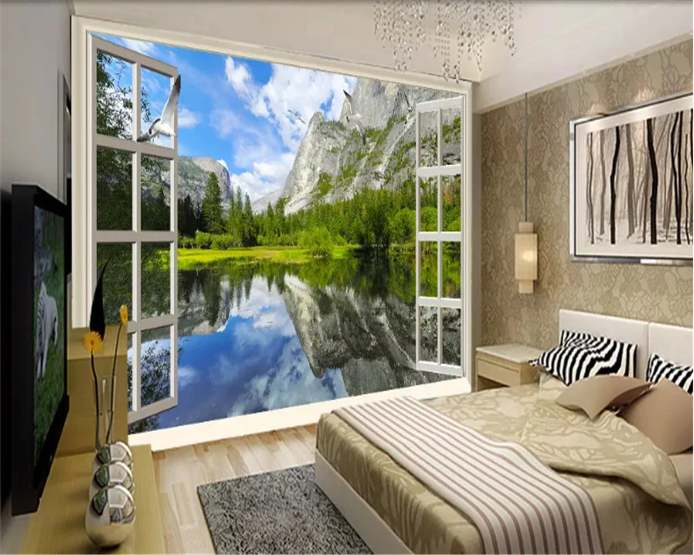 Пользовательские размеры окна за озером и горами HD классические обои 3D фон