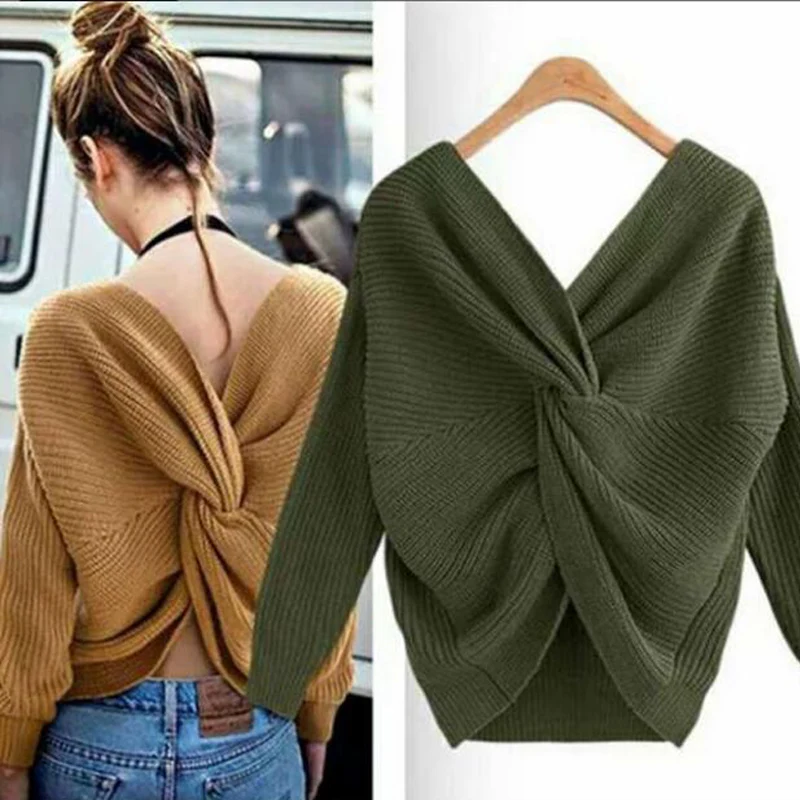 Autumn And Winter Two Wear Loose V-neck Pullover Irregular cross knotted knit sweater Sexy Fashion Ladies Tops XNW570 | Женская одежда