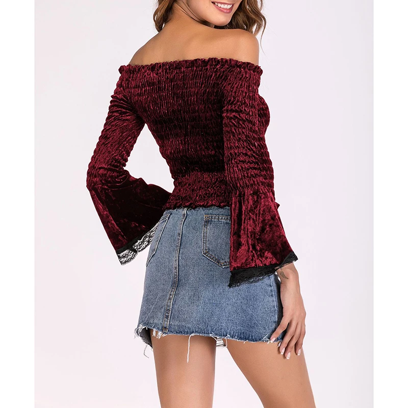 Women Velvet Lace Blouse Spring Off Shoulder Long Sleeve Slim Shirt Casual Solid Ladies Blusas Tops Female SJ764S |
