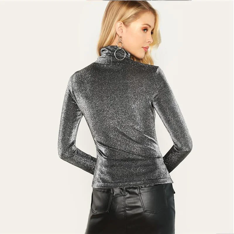 Модная женская одежда 2019 элегантная Серебристая футболка с высоким воротником