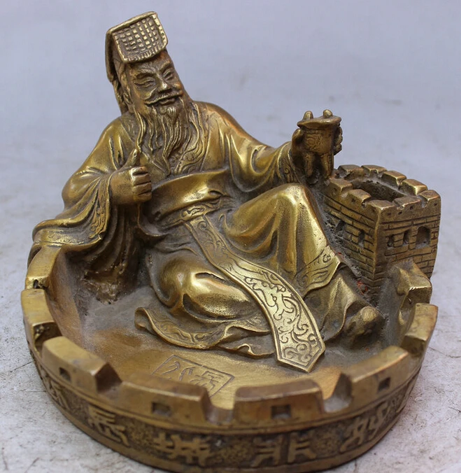 Песня voge Gem S4985 китайский латунный Happy Qin Shi Huang Hold Cup Overlie Great Wall Statue пепельница|ashtray