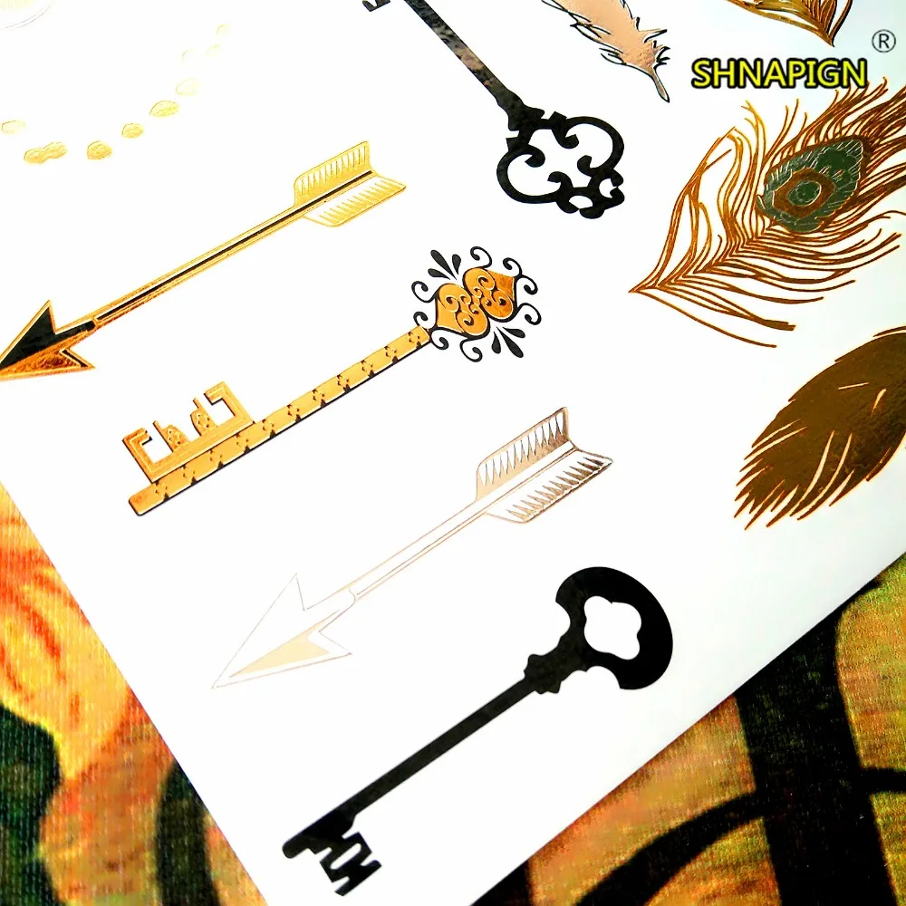 SHNAPIGN 24 стиль Временное боди арт большой золотой ключ перо дизайн флэш стикер