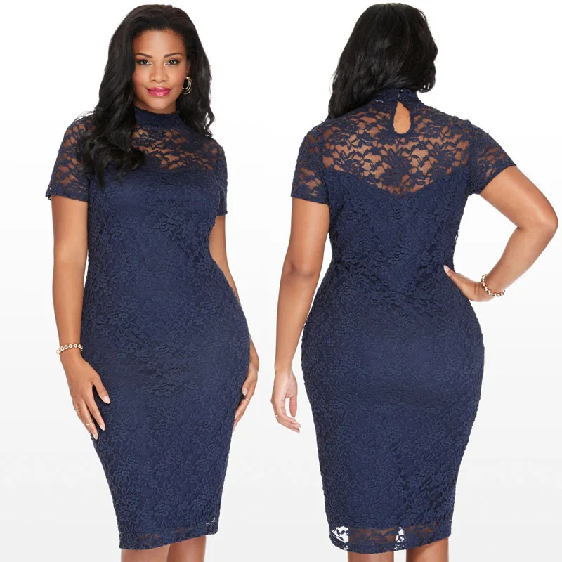 Плюс Размер 6XL кружевное платье для вечеринки с воротником-стойкой темно-синее