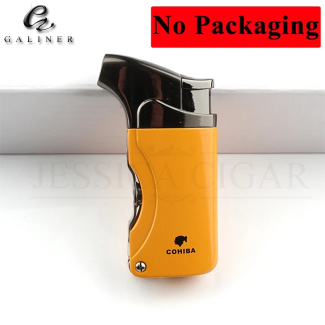 COHIBA карманная зажигалка, наполненная Бутаном газовая Ветрозащитная 2 пламенная струйная Зажигалка металлическая курительная Зажигалка W резак для сигар - Цвет: without Gift Box