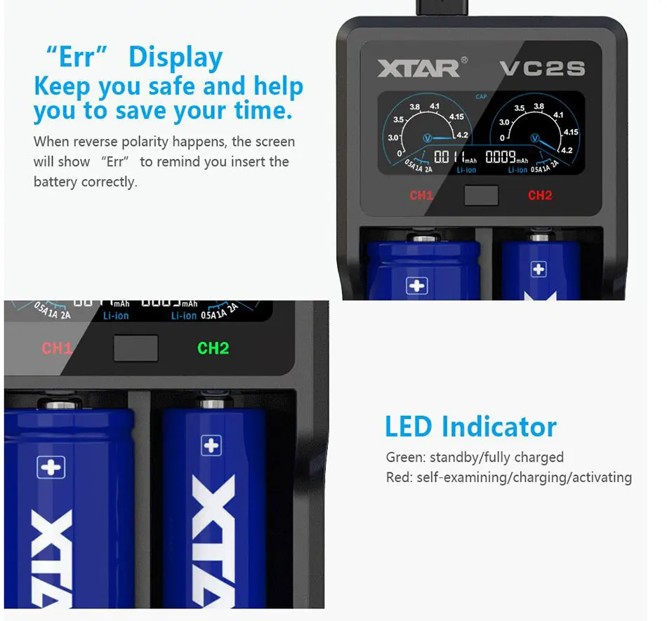 XTAR VC2 VC2S VC4 VC4S красочные VA ЖК-дисплей Экран с эффектом приближения c зарядкой Micro-USB Питание Портативный относится к 3,6 V/3,7 V литий-ионный Тип/IMR/INR/ICR 18650 26650