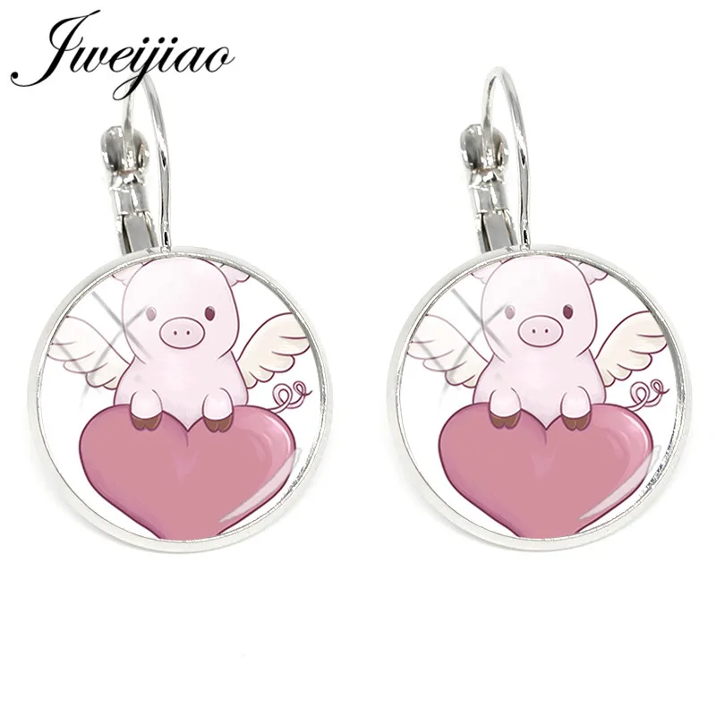 JWEIJIAO влюбленные Сердца свиньи с крыльями Клипсы Серьги стеклянный кабошон очаровательные серьги подвеска для девочек женщин ювелирные изделия QF704