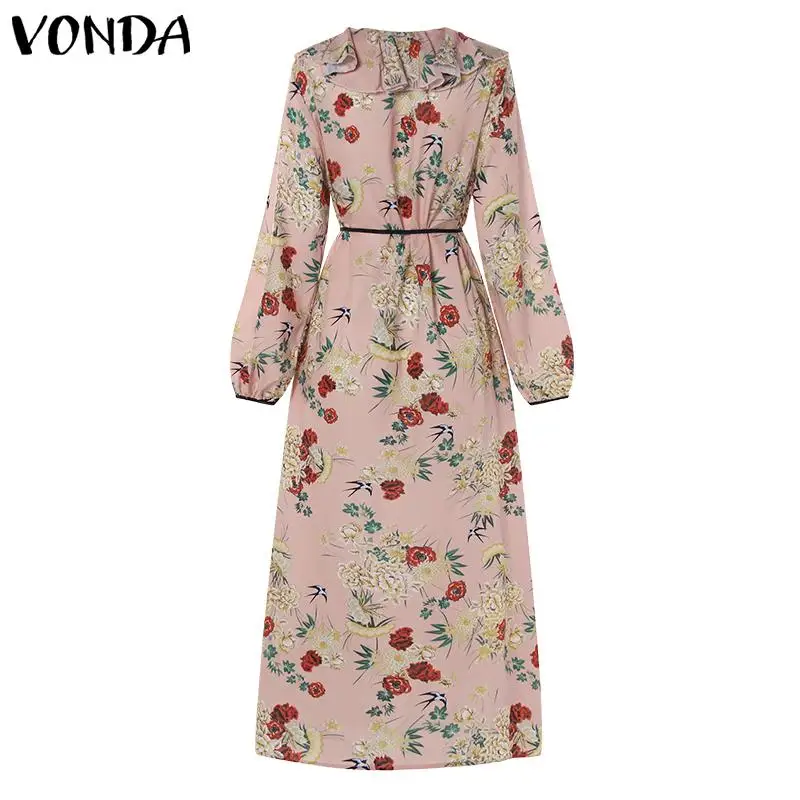 VONDA новые женские блузки с цветочным принтом сексуальные длинные топы с v-образным вырезом и длинным рукавом повседневные свободные рубашки размера плюс винтажные топы с оборками