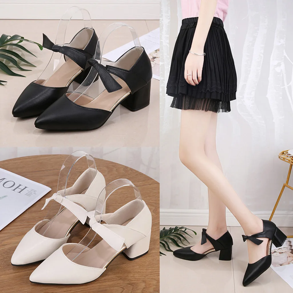 Женская Повседневная обувь chaussures femme однотонная на толстом каблуке с острым