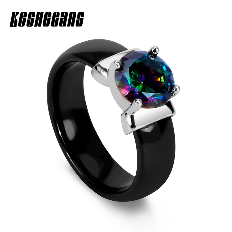 

Classic Black White 6mm Ceramic Ring With Big Colorful/White Crystal Cubic Zirconia For Women Wedding Engagement Fashion Jewelry