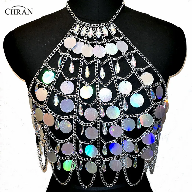 

Chran Holographic Discs Sequins Crop Top Belly Waist Belt Mirror Chain Necklace Rave Bra Bralete Festival Wear Jewelry CRS413