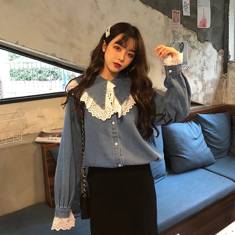 Blusas mujer de moda 2018 на осень-зиму harajuku милый Питер Пэн воротник свободные джинсовые
