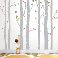 Hot Huge White Tree Wall Stickers Set of 7 Birch Trees with Birds in 3/2 colors Baby Nursery Wall Decals Living Room Decor ZA320