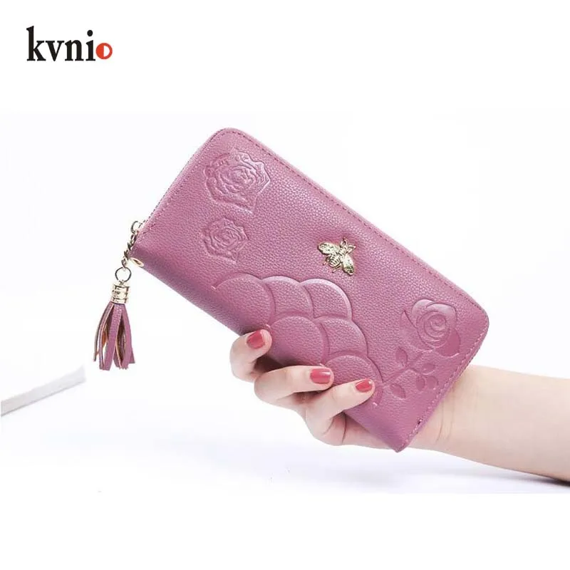 KVNIO PU кожаный винтажный кошелек с Пчелой женские длинные кошельки на молнии сумки