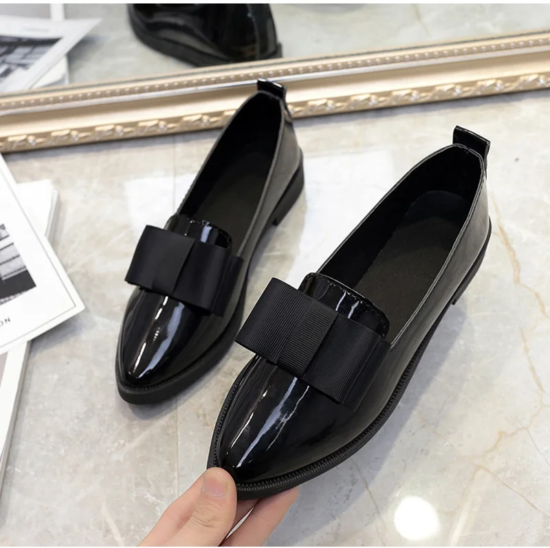 Dropshipping Women Shoes Bowtie Flats Patent Leather Elegant Low Heels Slip On Footwear Female Pointed Toe Thick Heel XXZ04