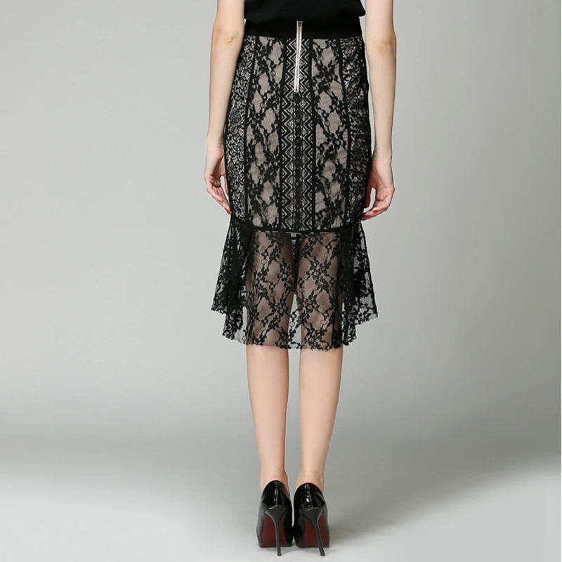 Женская кружевная юбка годе черная ажурная с кружевом 2017|lace skirt women|black lace skirtlace |