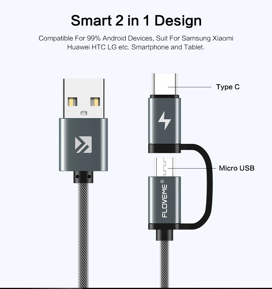 FLOVEME Быстрая зарядка QC 3,0 Micro USB кабель для samsung S7 S6 htc M8 M9 2 в 1 usb type-C кабель для samsung S8 S9 huawei P10