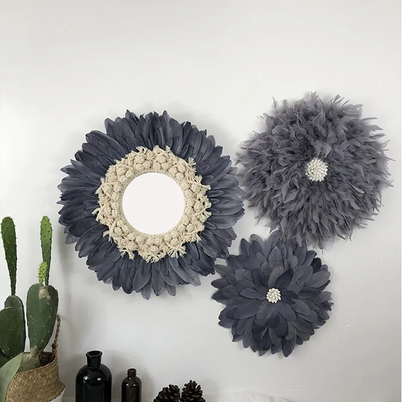 

27-55cm Creative Handmade Tapestry Feather Glass Mirror Art Decoration Round Mirror Living Room Wall Hanging Mirror R1642