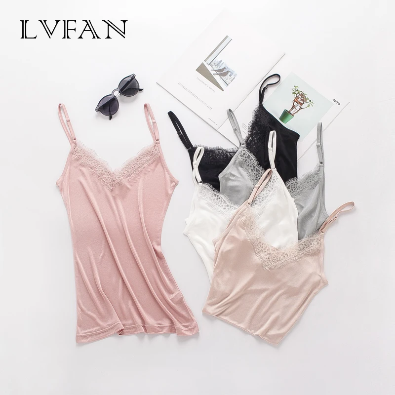 

Spring Silk Loose Camisole V Collar Lace Real Silk Suspender With A Versatile Base Of Women Small Sling Pure Colors LVFAN Y041