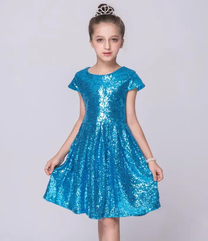 sky blue Модное платье для девочек; платье с короткими рукавами и блестками; вечерние платья; блестящая эксклюзивная одежда принцессы; цвет золотой, розовый, красный - Цвет: sky blue