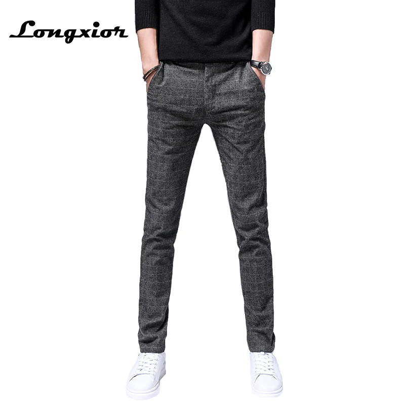 Новые мужские брюки клетчатые длинные повседневные хлопковые тонкие прямые