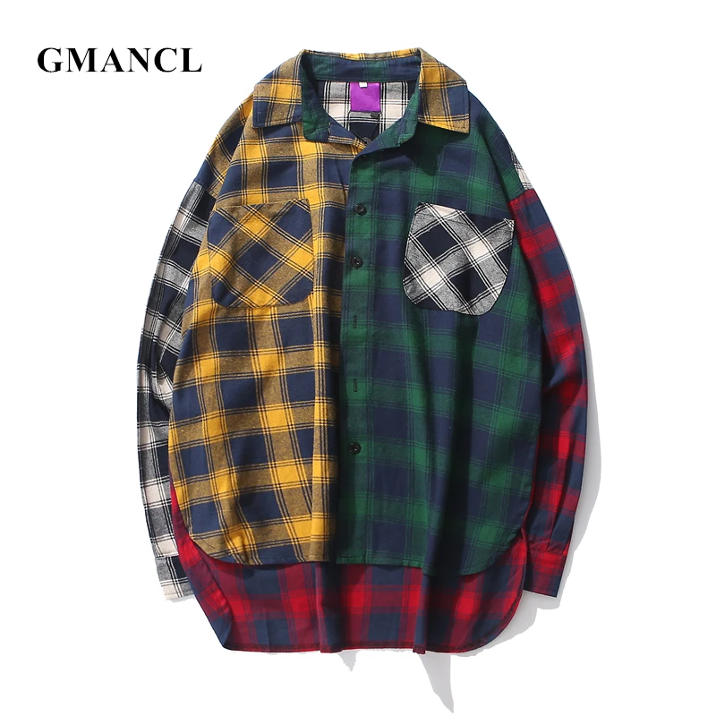 

GMANCL Men Plaid Long Sleeve Shirts Stitching Mens Loose Extended Color Block Patchwork Long section High street Casual Shirts
