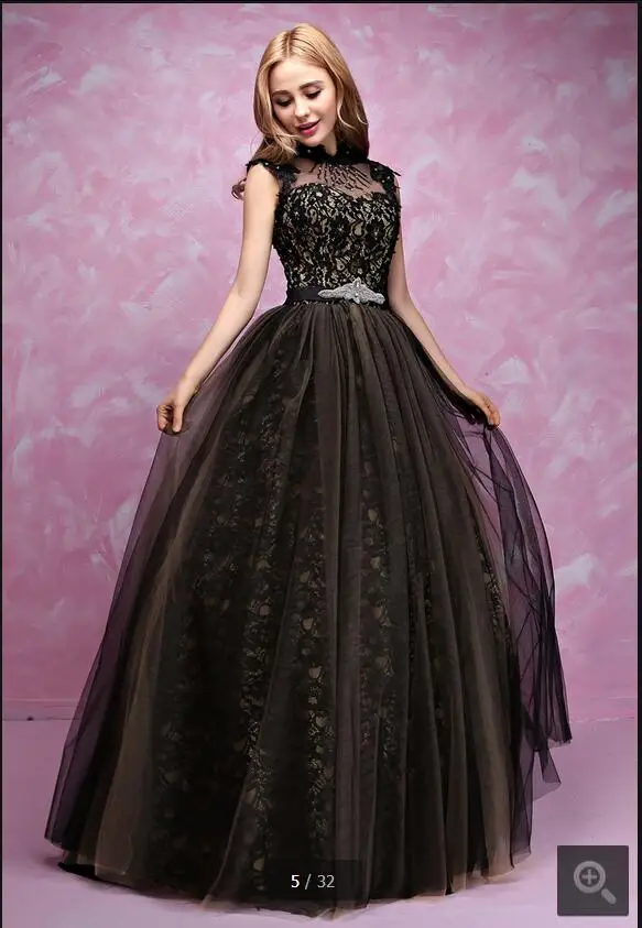 Новинка 2017 черное кружевное бальное платье с рукавом крылышком принцессы для