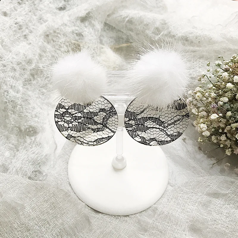 JZTOP Fashion Woman Earrings Acrylic Fur Ball Imitation Lace Big Round Stud For Female Luxury Oorbellen Jewelry | Украшения и