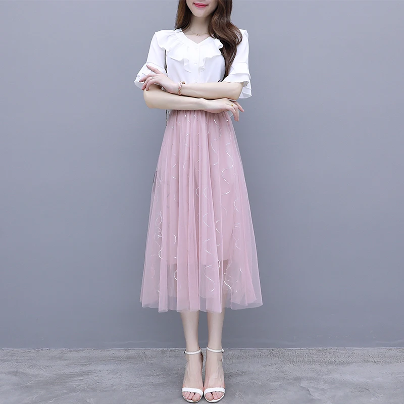 

Summer wear new woman fairy two-piece clothing set lady sweet French fashion suits spring and autumn vestidos chiffon top blouse