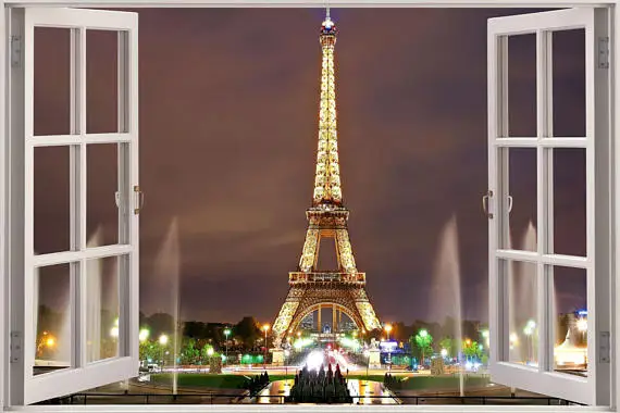 3D Effect Window View WALL STICKERS EiffelTower Paris Frame Vinyl Decal Decor Mural Kitchen Bathroom motorbike wall art | Дом и сад